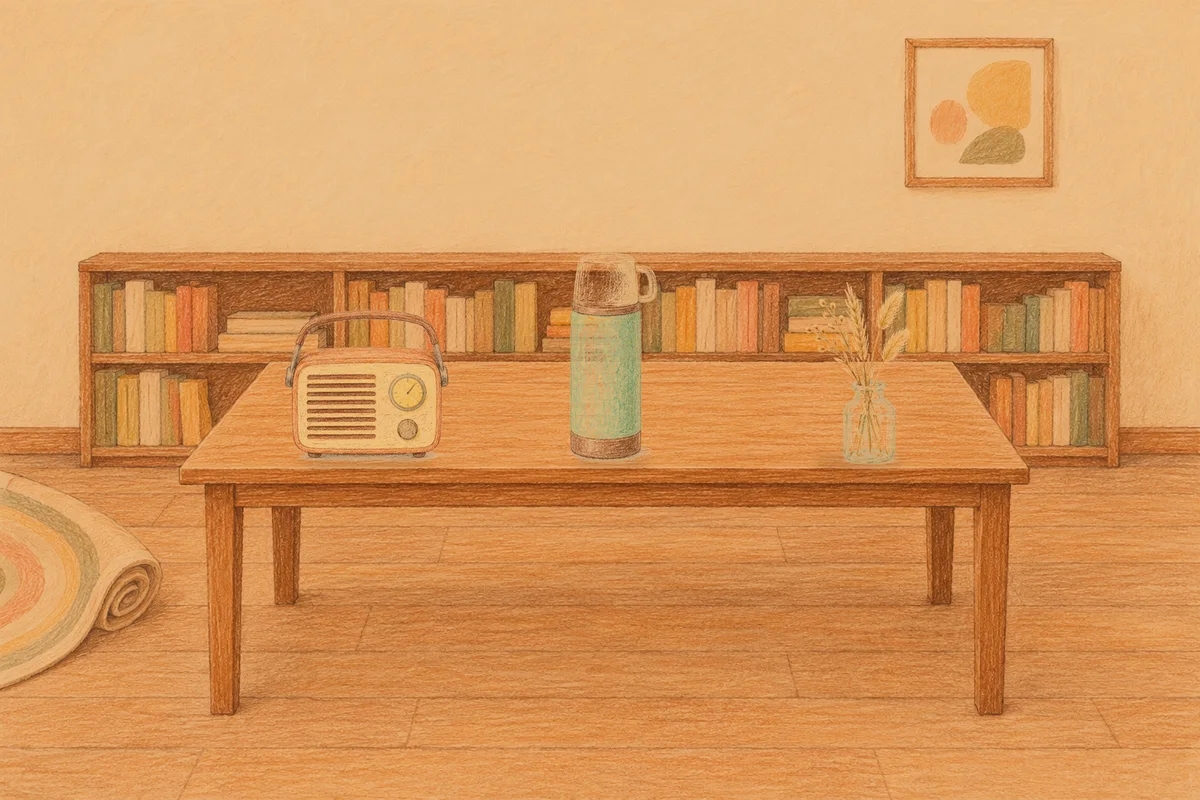 명일동 여성전용 얼굴 경락 안내 그림, 저녁의 서재 긴 책상 위에 놓인 작은 라디오, 보온병, 마른 풀을 꽂은 항아리