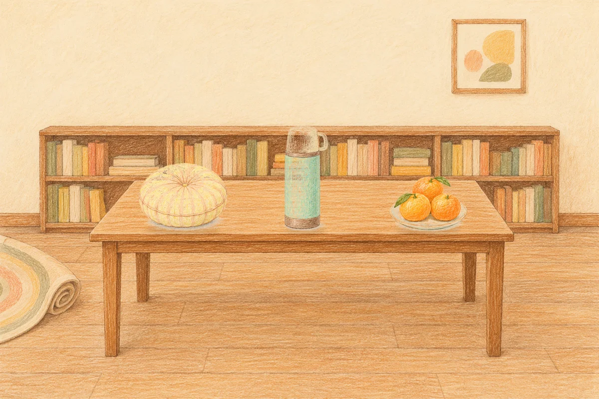 명일동 여성전용 경락 추천 안내 그림, 낮의 서재 긴 책상 위에 놓인 둥근 쿠션, 보온병, 귤이 담긴 접시