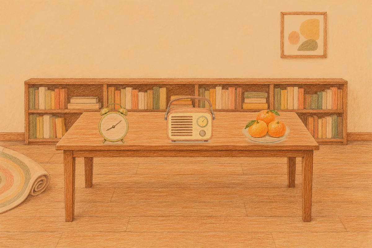 명일동 여성전용 1인샵 안내 그림, 저녁의 서재 긴 책상 위에 놓인 둥근 알람시계, 작은 라디오, 귤이 담긴 접시
