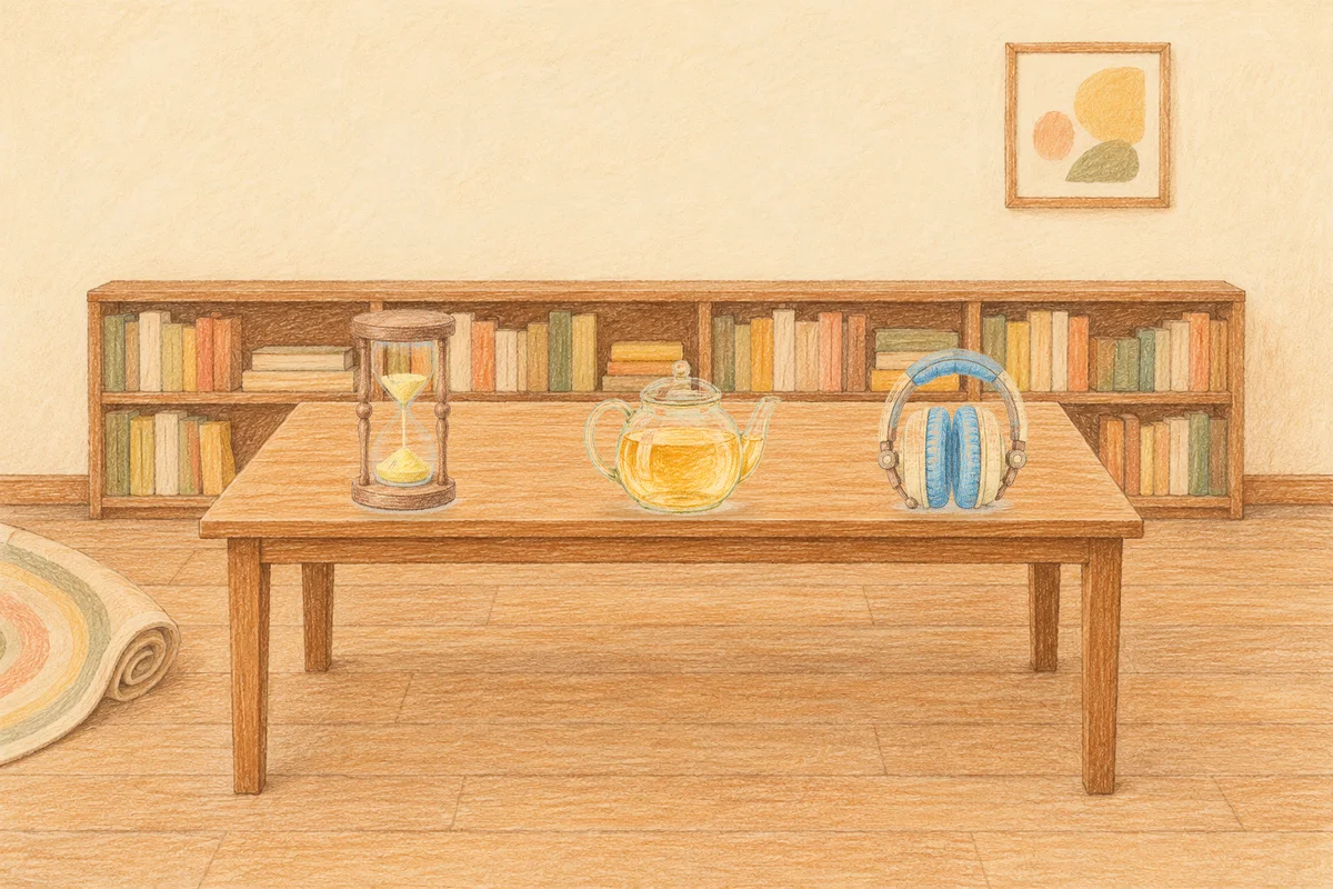 명일동 여성전용 홈케어 후기 안내 그림, 낮의 서재 긴 책상 위에 놓인 모래시계, 유리 티포트, 헤드폰