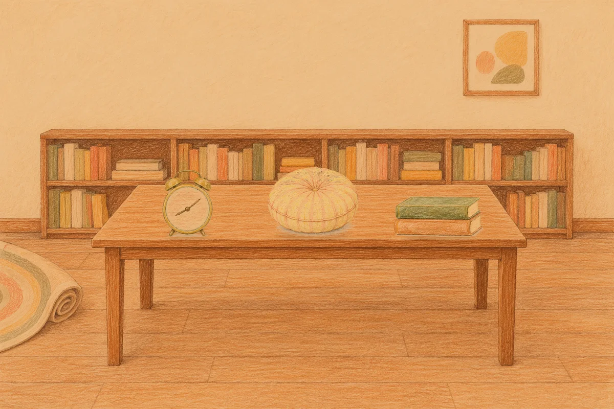 명일동 여성전용 발관리 후기 안내 그림, 저녁의 서재 긴 책상 위에 놓인 둥근 알람시계, 둥근 쿠션, 책 두 권