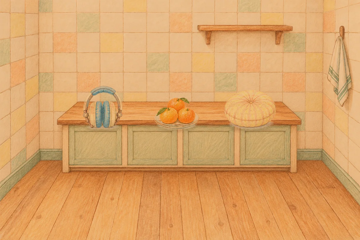명일동 여성전용 림프 마사지 안내 그림, 저녁의 부엌 나무 조리대 위에 놓인 헤드폰, 귤이 담긴 접시, 둥근 쿠션