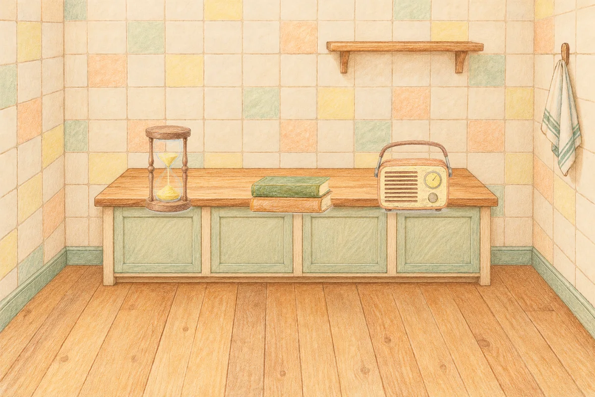 명일동 여성전용 바디 케어 안내 그림, 낮의 부엌 나무 조리대 위에 놓인 모래시계, 책 두 권, 작은 라디오