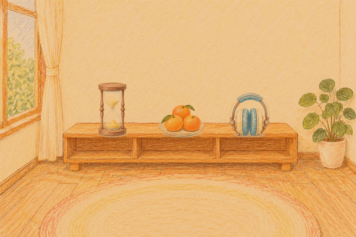 명일동 여성전용 다이어트 마사지 안내 그림, 저녁의 창가 낮은 선반 위에 놓인 모래시계, 귤이 담긴 접시, 헤드폰
