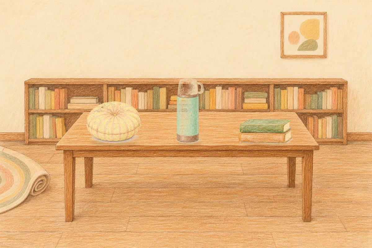 명일동 여성전용 어깨 마사지 안내 그림, 낮의 서재 긴 책상 위에 놓인 둥근 쿠션, 보온병, 책 두 권