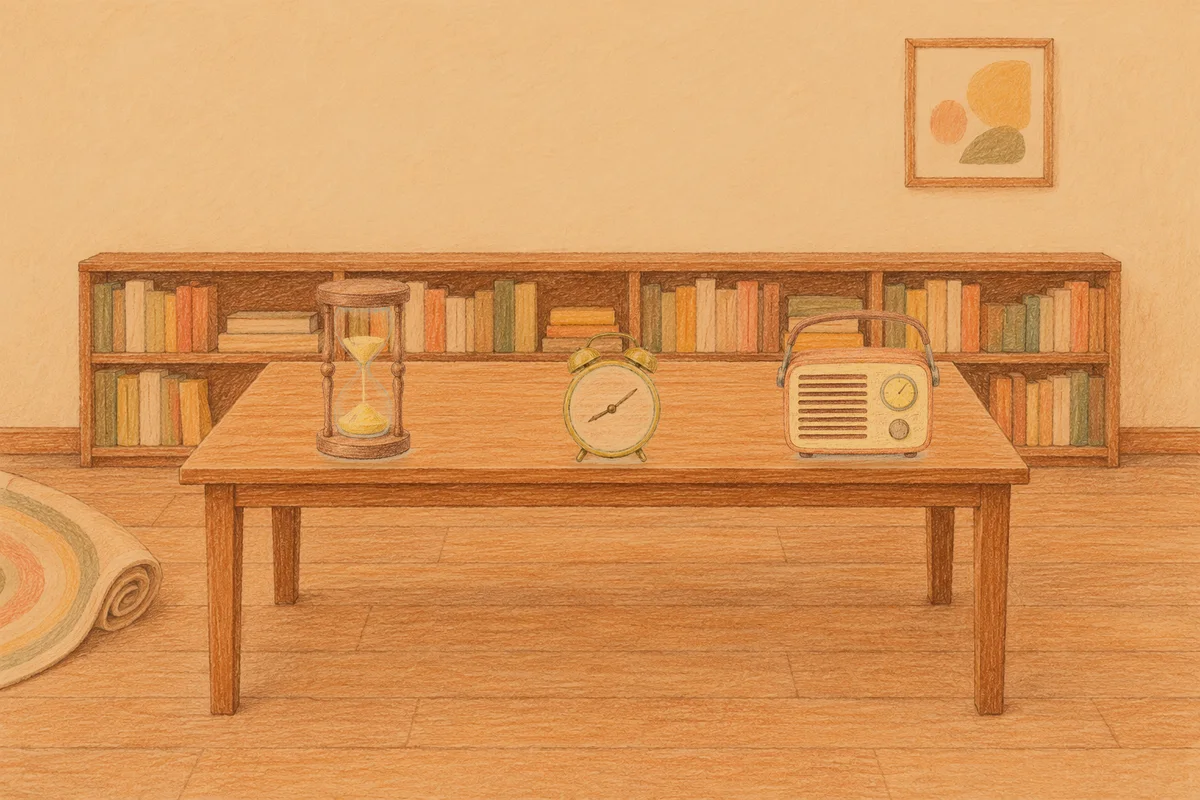 명일동 여성전용 목 어깨 케어 안내 그림, 저녁의 서재 긴 책상 위에 놓인 모래시계, 둥근 알람시계, 작은 라디오
