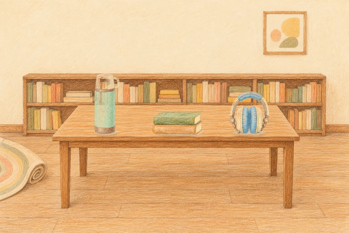 명일동 여성전용 스트레스 케어 안내 그림, 낮의 서재 긴 책상 위에 놓인 보온병, 책 두 권, 헤드폰
