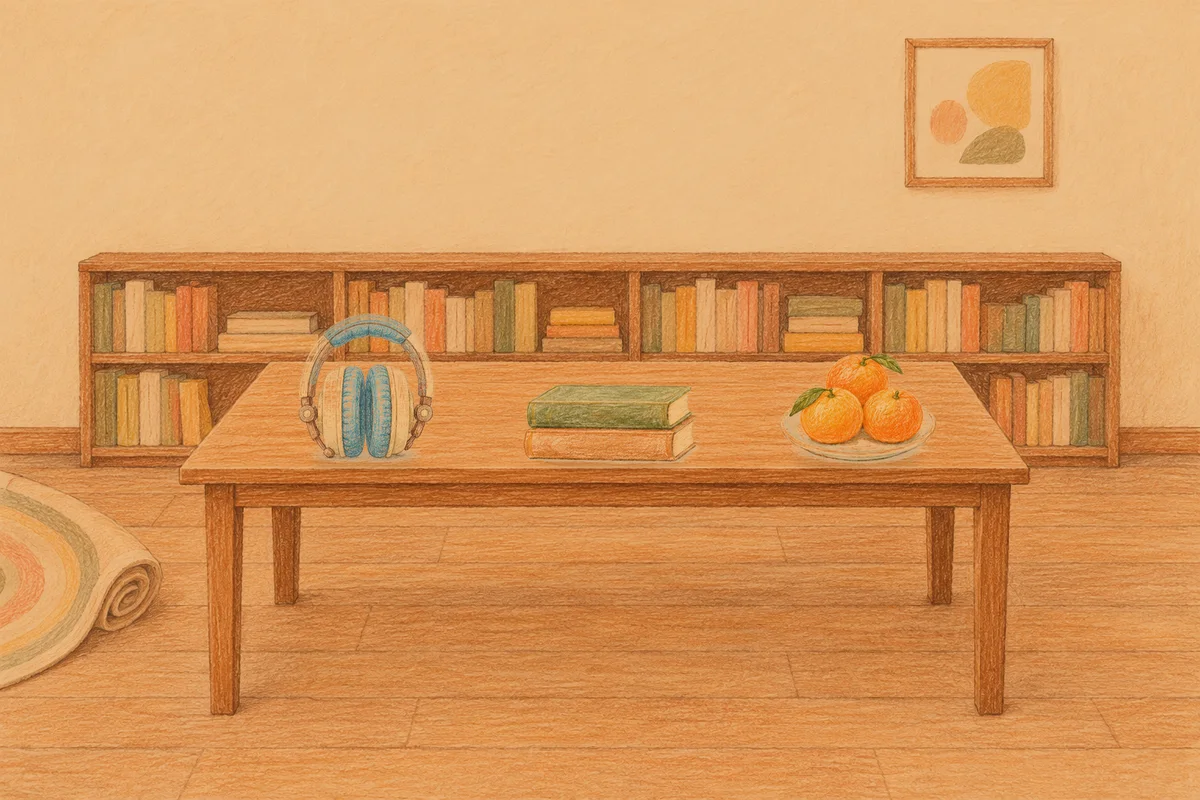 명일동 여성전용 피로 회복 마사지 안내 그림, 저녁의 서재 긴 책상 위에 놓인 헤드폰, 책 두 권, 귤이 담긴 접시