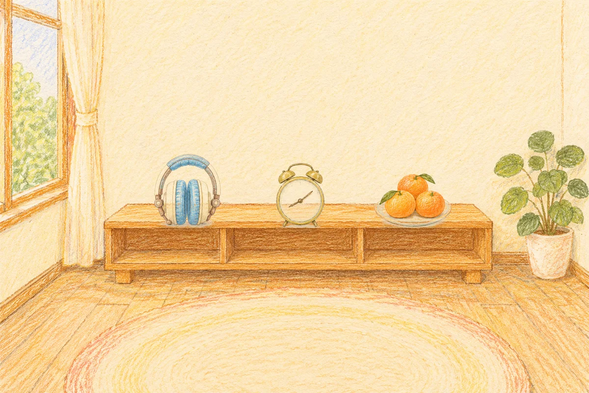 명일동 여성전용 페이셜 마사지 안내 그림, 낮의 창가 낮은 선반 위에 놓인 헤드폰, 둥근 알람시계, 귤이 담긴 접시