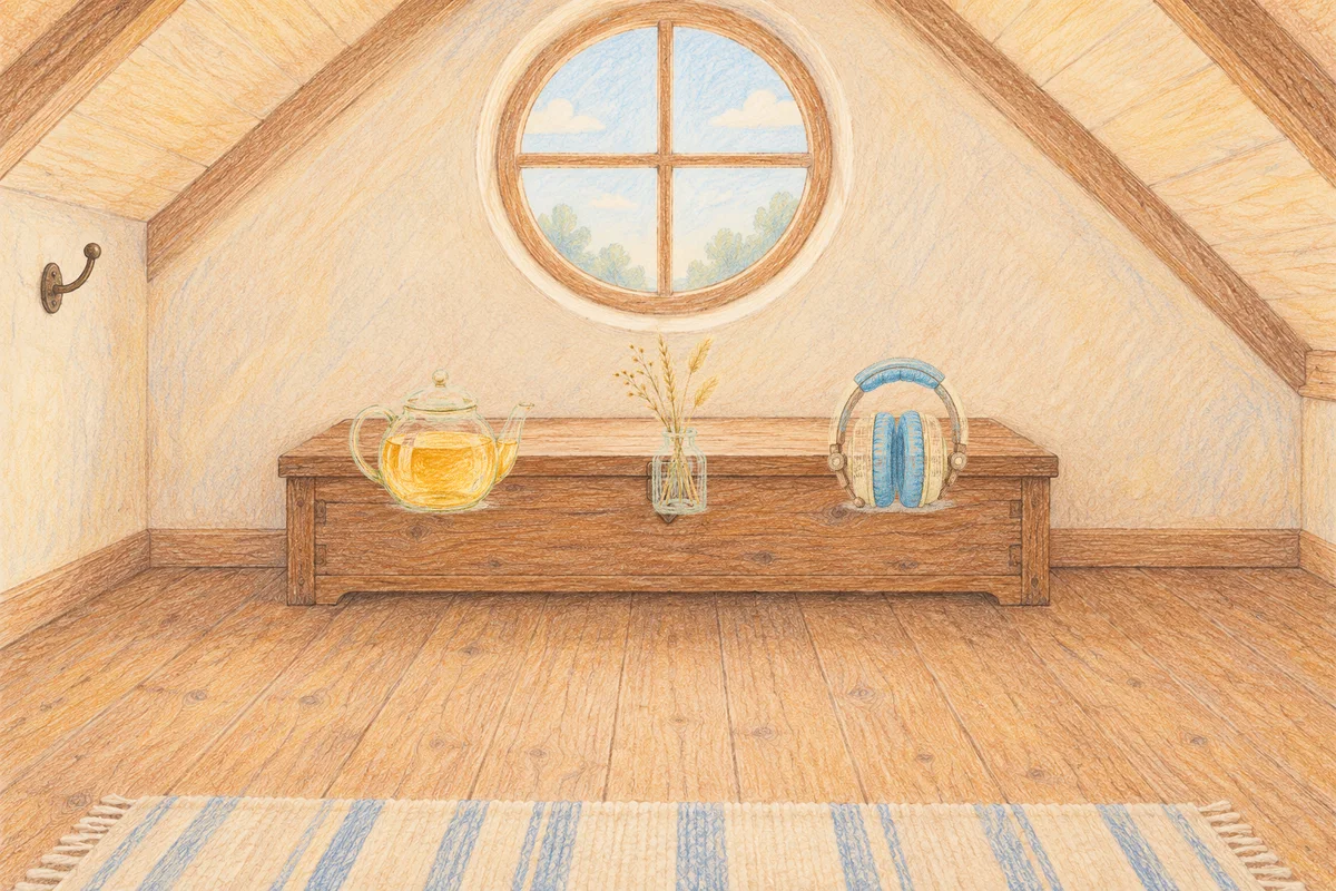 명일동 여성전용 얼굴 마사지 안내 그림, 낮의 다락방 나무 궤짝 위에 놓인 유리 티포트, 마른 풀을 꽂은 항아리, 헤드폰