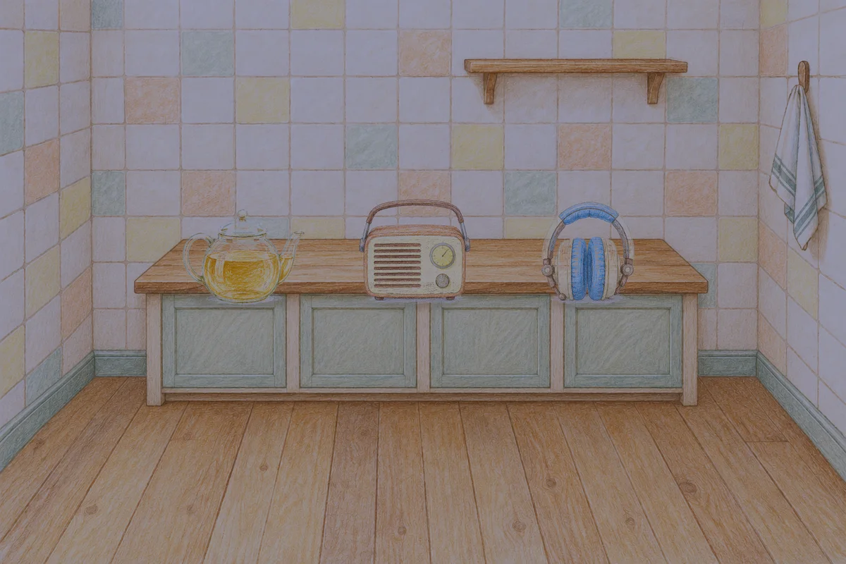 명일동 여성전용 피부 관리 안내 그림, 밤의 부엌 나무 조리대 위에 놓인 유리 티포트, 작은 라디오, 헤드폰