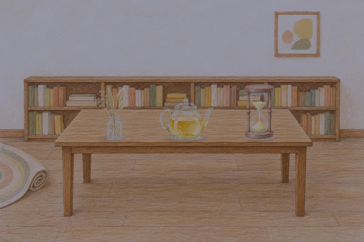 명일동 여성전용 샵 마사지 안내 그림, 밤의 서재 긴 책상 위에 놓인 마른 풀을 꽂은 항아리, 유리 티포트, 모래시계