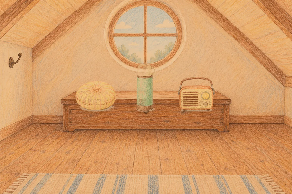 명일동 여성전용 예약 마사지 안내 그림, 저녁의 다락방 나무 궤짝 위에 놓인 둥근 쿠션, 보온병, 작은 라디오