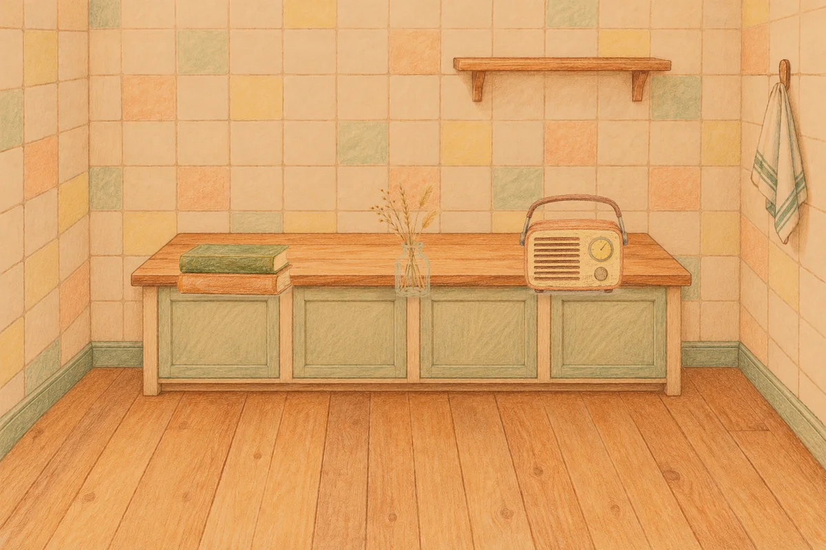 명일동 여성전용 후기 마사지 안내 그림, 저녁의 부엌 나무 조리대 위에 놓인 책 두 권, 마른 풀을 꽂은 항아리, 작은 라디오