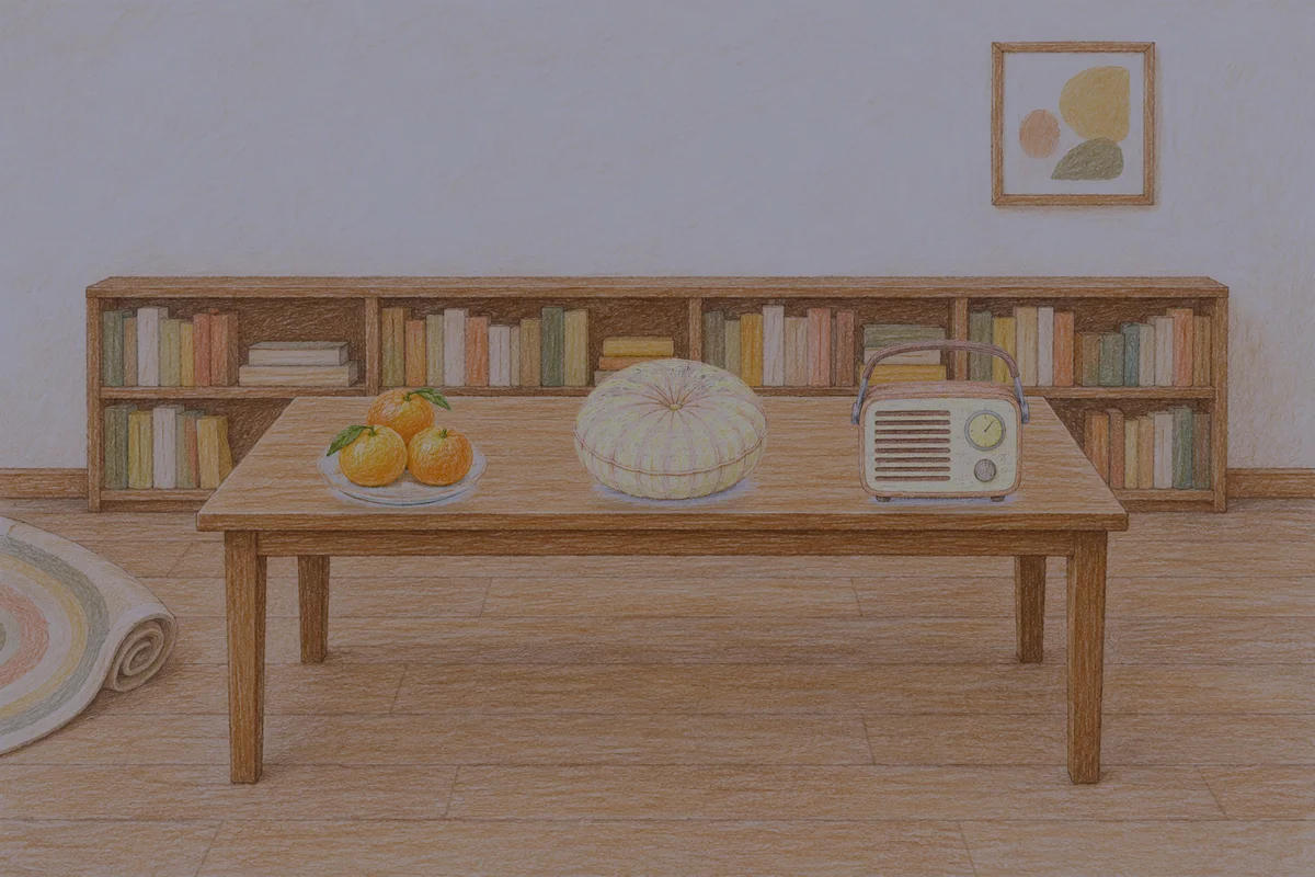 명일동 여성전용 추천 마사지 안내 그림, 밤의 서재 긴 책상 위에 놓인 귤이 담긴 접시, 둥근 쿠션, 작은 라디오