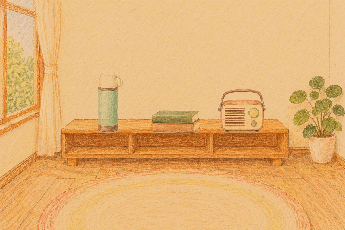 명일동 여성전용 출장 마사지 안내 그림, 저녁의 창가 낮은 선반 위에 놓인 보온병, 책 두 권, 작은 라디오