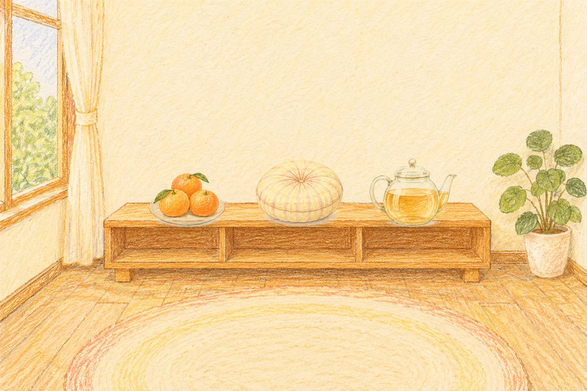 고덕동 여성전용 아로마 마사지 안내 그림, 낮의 창가 낮은 선반 위에 놓인 귤이 담긴 접시, 둥근 쿠션, 유리 티포트