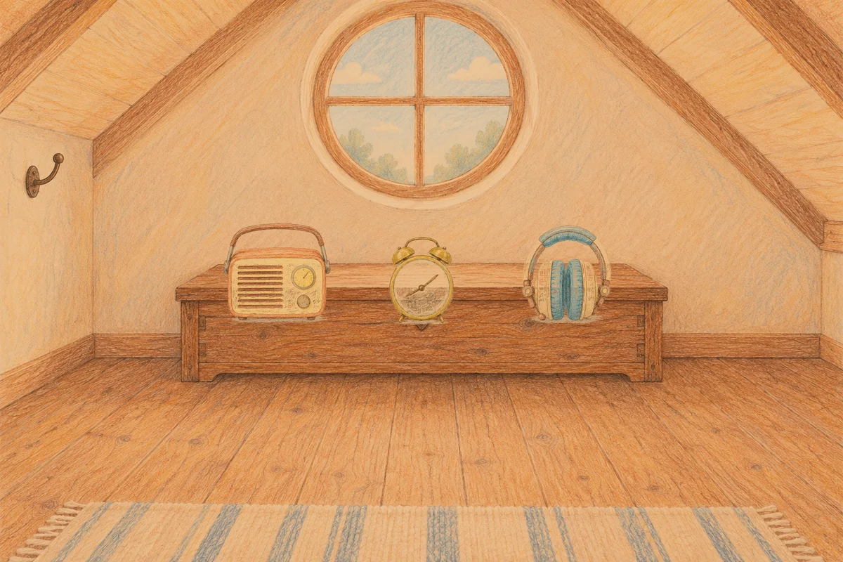 고덕동 여성전용 아로마테라피 안내 그림, 저녁의 다락방 나무 궤짝 위에 놓인 작은 라디오, 둥근 알람시계, 헤드폰