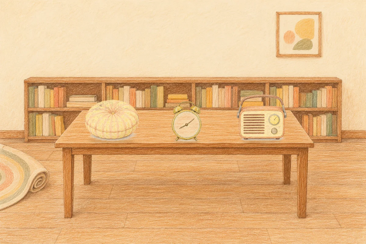 고덕동 여성전용 프리미엄 스웨디시 안내 그림, 낮의 서재 긴 책상 위에 놓인 둥근 쿠션, 둥근 알람시계, 작은 라디오