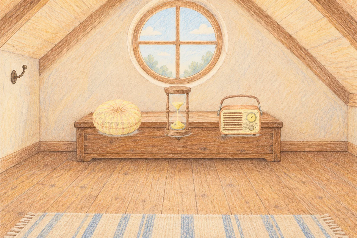 고덕동 여성전용 라벤더 아로마 안내 그림, 낮의 다락방 나무 궤짝 위에 놓인 둥근 쿠션, 모래시계, 작은 라디오