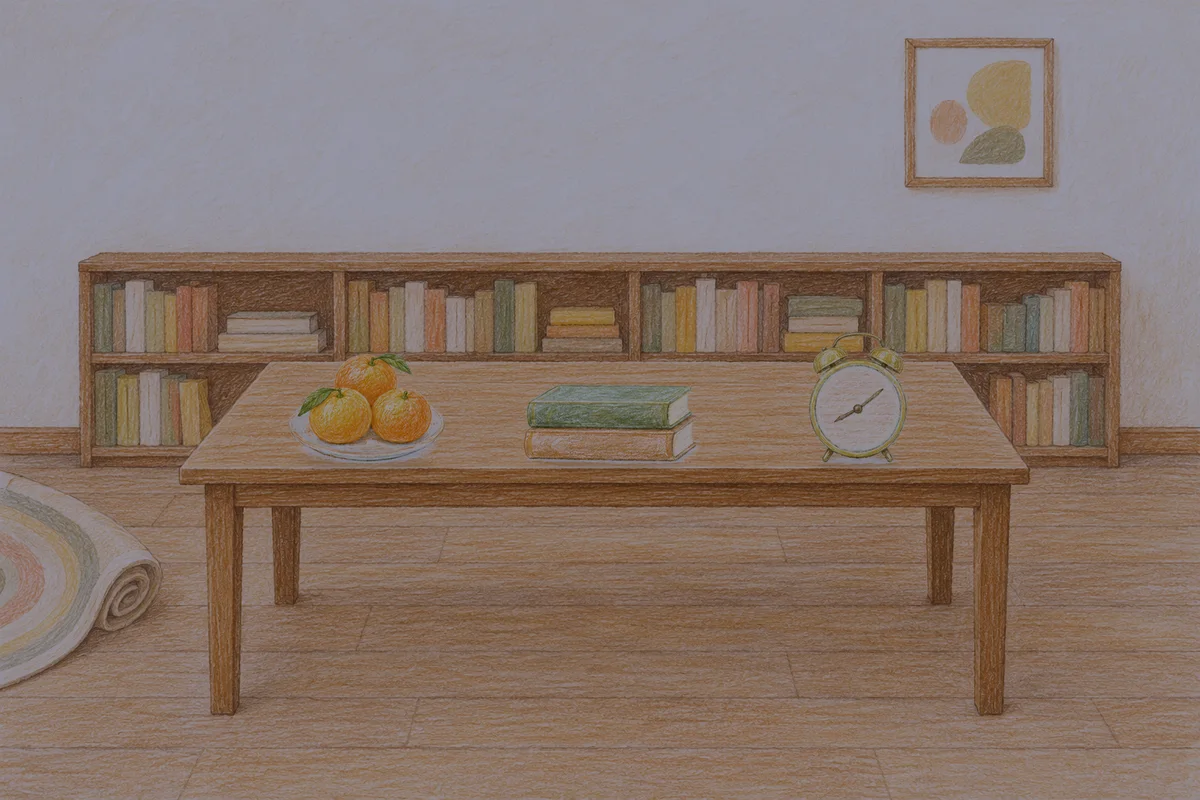 고덕동 여성전용 아로마 마사지 후기 안내 그림, 밤의 서재 긴 책상 위에 놓인 귤이 담긴 접시, 책 두 권, 둥근 알람시계