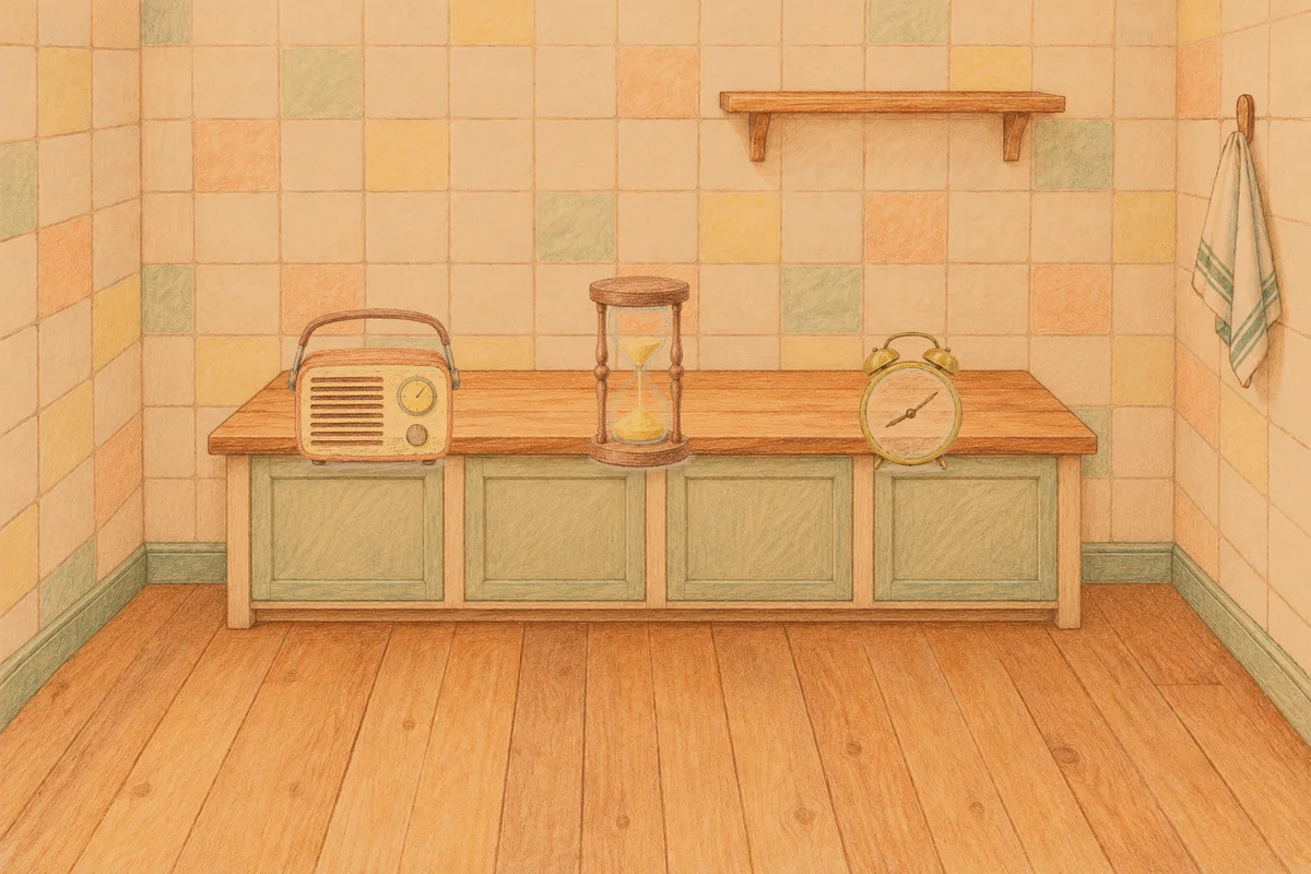 고덕동 여성전용 아로마 추천 안내 그림, 저녁의 부엌 나무 조리대 위에 놓인 작은 라디오, 모래시계, 둥근 알람시계