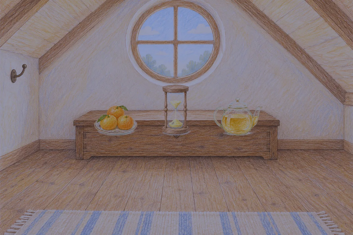 고덕동 여성전용 경락 마사지 안내 그림, 밤의 다락방 나무 궤짝 위에 놓인 귤이 담긴 접시, 모래시계, 유리 티포트