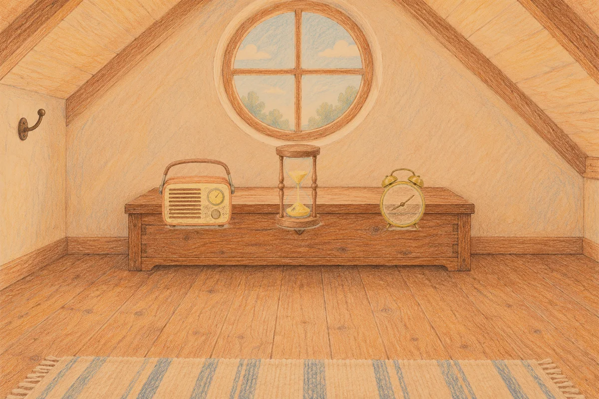 고덕동 여성전용 경락마사지 후기 안내 그림, 저녁의 다락방 나무 궤짝 위에 놓인 작은 라디오, 모래시계, 둥근 알람시계
