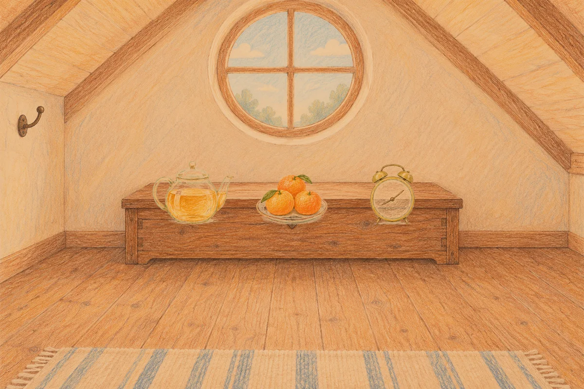 고덕동 여성전용 경락 가격 안내 그림, 저녁의 다락방 나무 궤짝 위에 놓인 유리 티포트, 귤이 담긴 접시, 둥근 알람시계