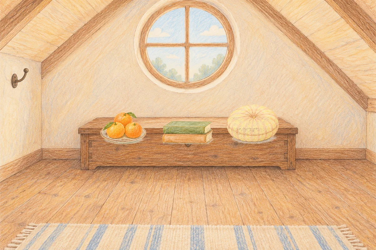 고덕동 여성전용 방문 마사지 안내 그림, 낮의 다락방 나무 궤짝 위에 놓인 귤이 담긴 접시, 책 두 권, 둥근 쿠션