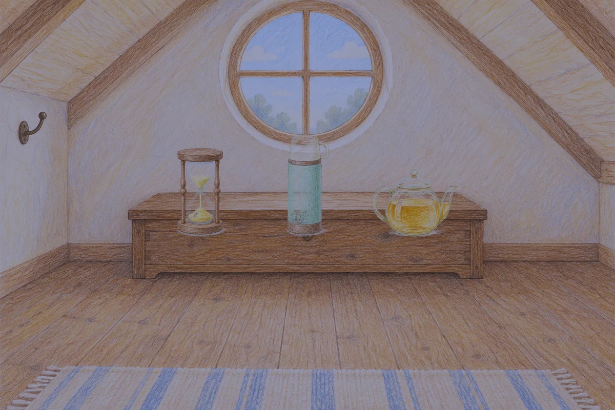 고덕동 여성전용 홈케어 서비스 안내 그림, 밤의 다락방 나무 궤짝 위에 놓인 모래시계, 보온병, 유리 티포트
