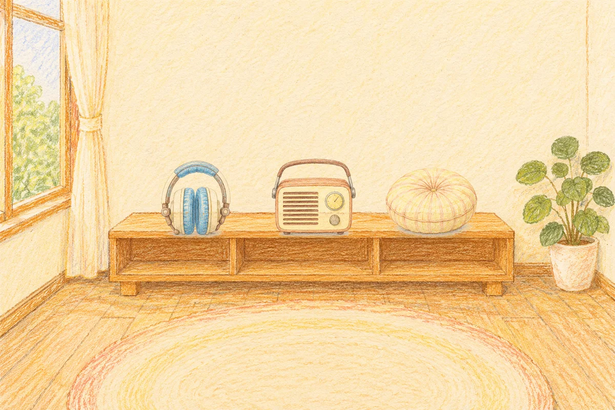 고덕동 여성전용 홈케어 추천 안내 그림, 낮의 창가 낮은 선반 위에 놓인 헤드폰, 작은 라디오, 둥근 쿠션