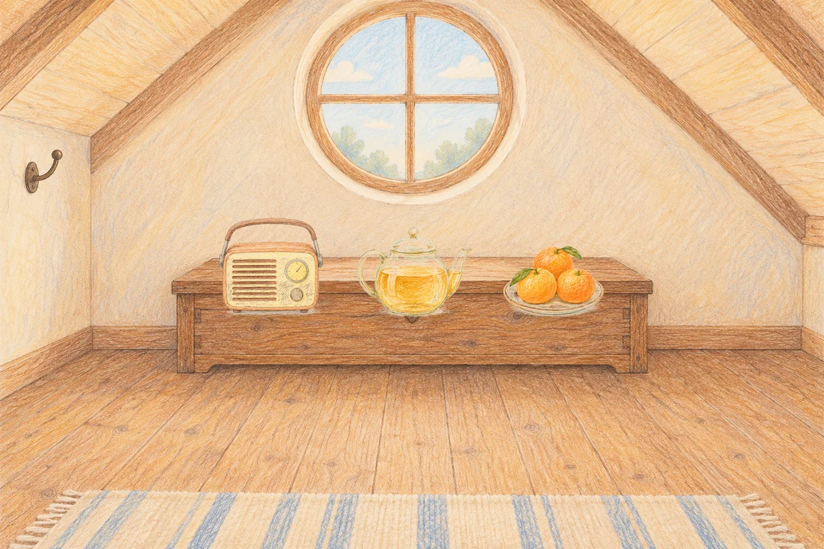 고덕동 여성전용 발관리 추천 안내 그림, 낮의 다락방 나무 궤짝 위에 놓인 작은 라디오, 유리 티포트, 귤이 담긴 접시