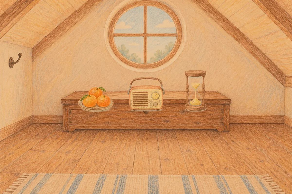 고덕동 여성전용 림프 마사지 안내 그림, 저녁의 다락방 나무 궤짝 위에 놓인 귤이 담긴 접시, 작은 라디오, 모래시계
