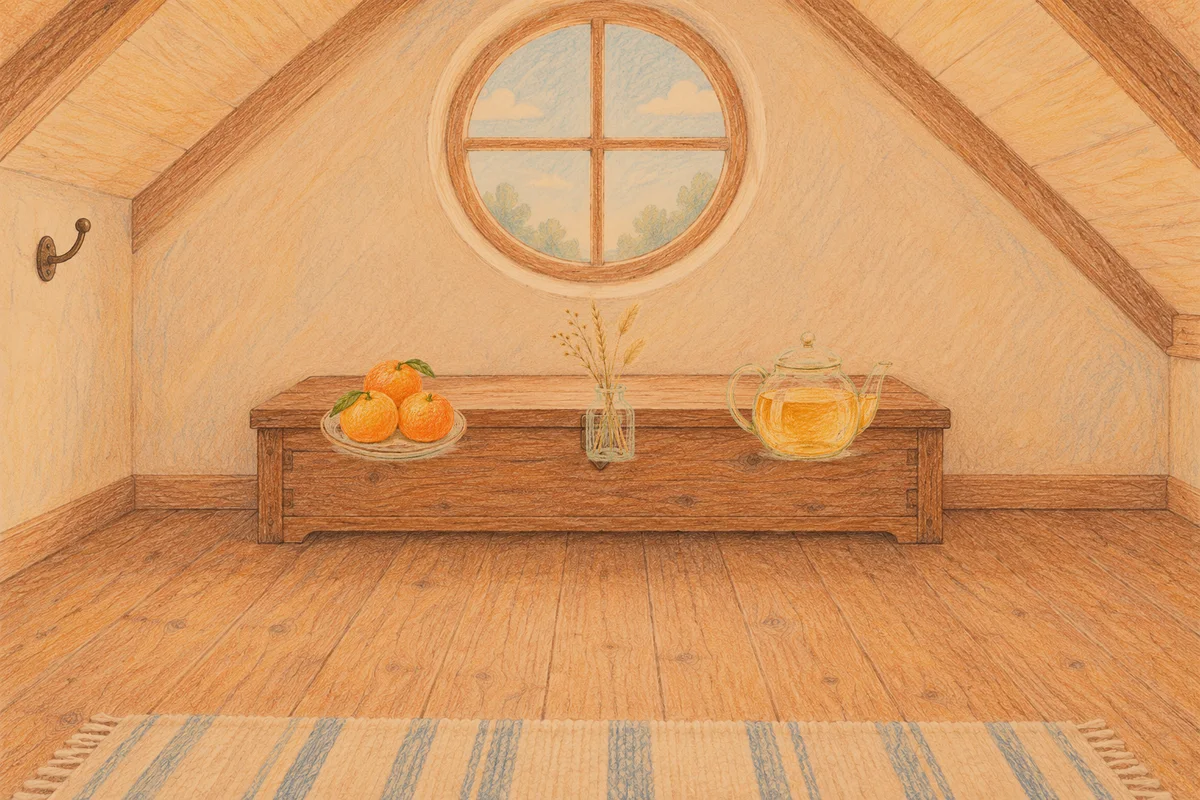 고덕동 여성전용 셀룰라이트 관리 안내 그림, 저녁의 다락방 나무 궤짝 위에 놓인 귤이 담긴 접시, 마른 풀을 꽂은 항아리, 유리 티포트