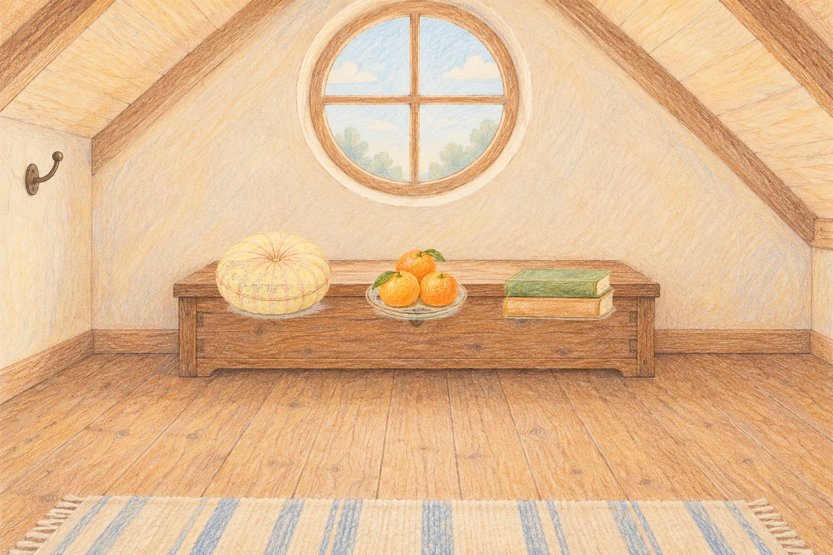 고덕동 여성전용 디톡스 마사지 안내 그림, 낮의 다락방 나무 궤짝 위에 놓인 둥근 쿠션, 귤이 담긴 접시, 책 두 권