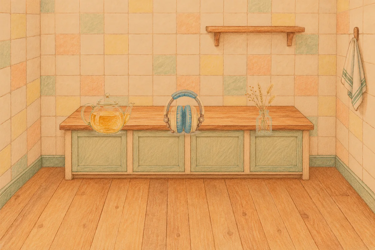 고덕동 여성전용 종아리 케어 안내 그림, 저녁의 부엌 나무 조리대 위에 놓인 유리 티포트, 헤드폰, 마른 풀을 꽂은 항아리