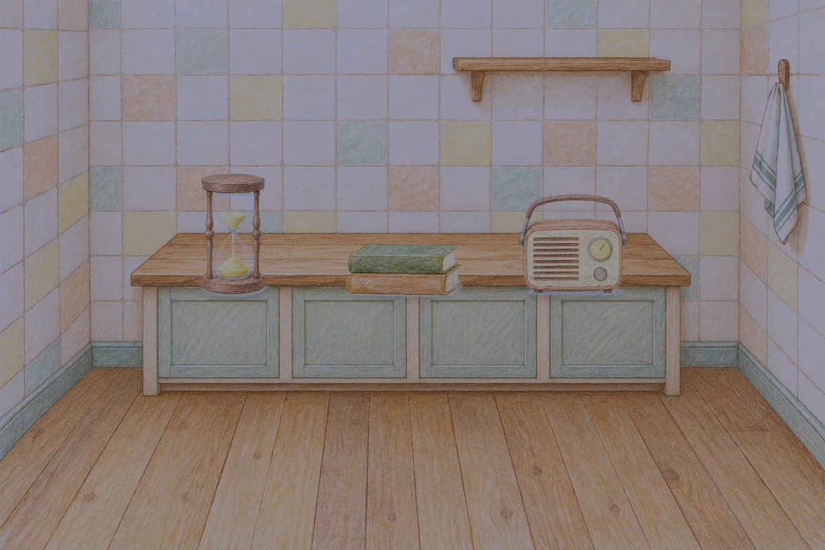 고덕동 여성전용 어깨 마사지 안내 그림, 밤의 부엌 나무 조리대 위에 놓인 모래시계, 책 두 권, 작은 라디오