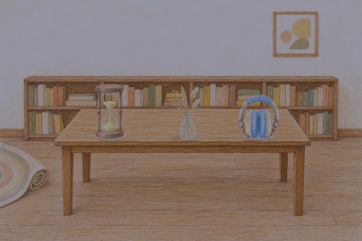 고덕동 여성전용 목 어깨 케어 안내 그림, 밤의 서재 긴 책상 위에 놓인 모래시계, 마른 풀을 꽂은 항아리, 헤드폰