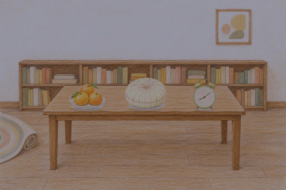 고덕동 여성전용 두통 완화 마사지 안내 그림, 밤의 서재 긴 책상 위에 놓인 귤이 담긴 접시, 둥근 쿠션, 둥근 알람시계