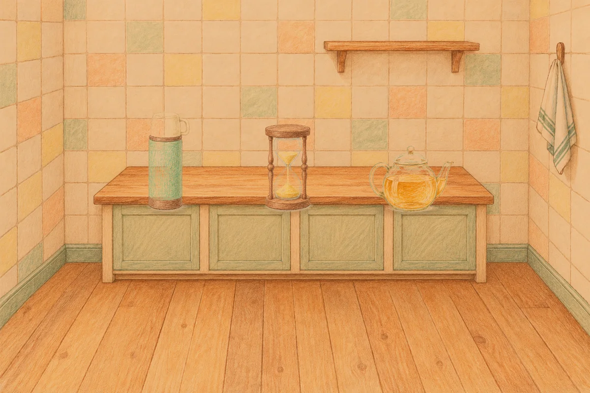 고덕동 여성전용 스트레스 케어 안내 그림, 저녁의 부엌 나무 조리대 위에 놓인 보온병, 모래시계, 유리 티포트