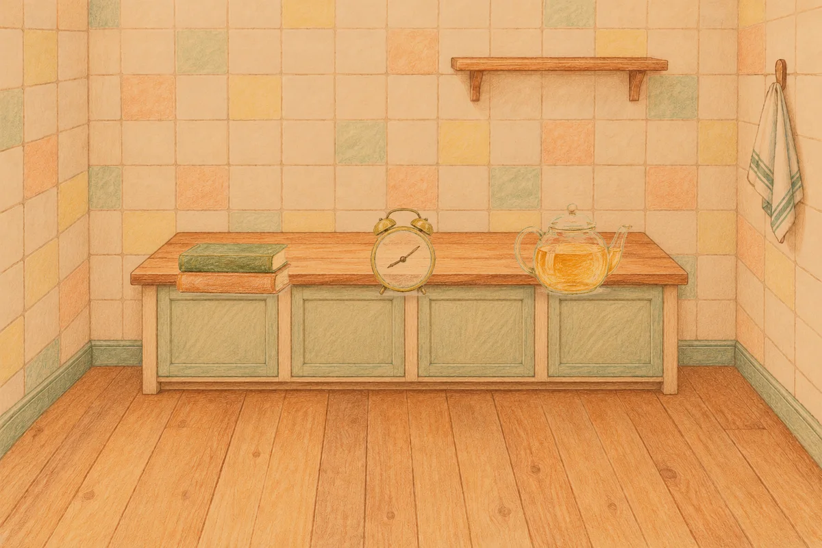 고덕동 여성전용 브라이덜 케어 안내 그림, 저녁의 부엌 나무 조리대 위에 놓인 책 두 권, 둥근 알람시계, 유리 티포트
