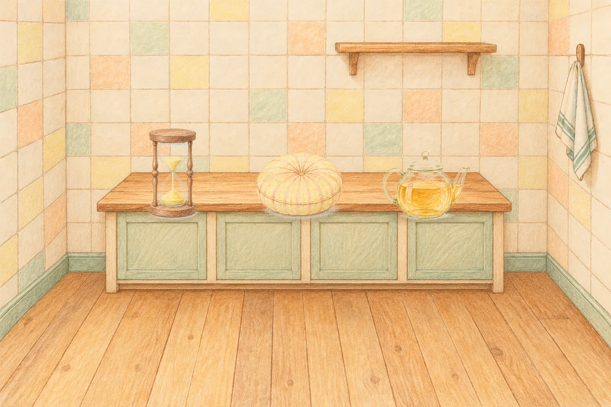 고덕동 여성전용 후기 마사지 안내 그림, 낮의 부엌 나무 조리대 위에 놓인 모래시계, 둥근 쿠션, 유리 티포트