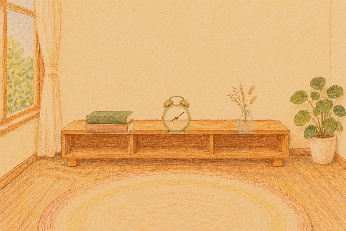 고덕동 여성전용 출장 마사지 안내 그림, 저녁의 창가 낮은 선반 위에 놓인 책 두 권, 둥근 알람시계, 마른 풀을 꽂은 항아리