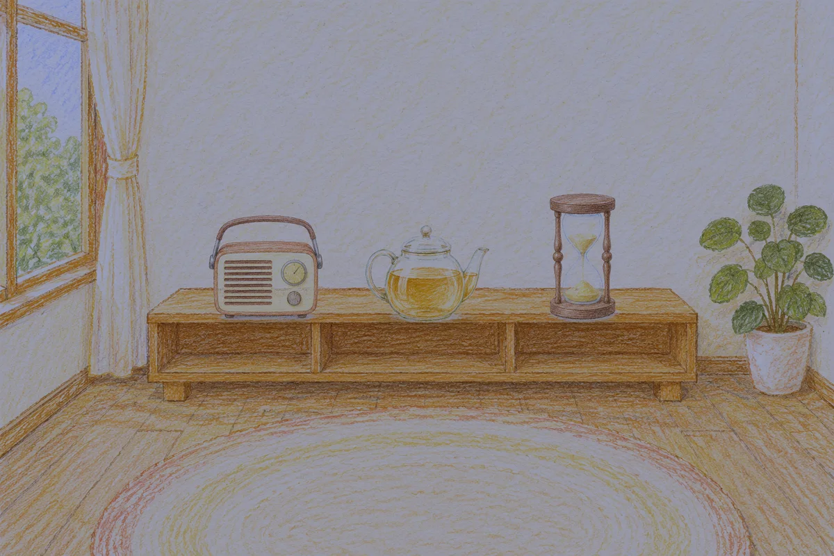 고덕동 여성전용 출장 마사지 후기 안내 그림, 밤의 창가 낮은 선반 위에 놓인 작은 라디오, 유리 티포트, 모래시계