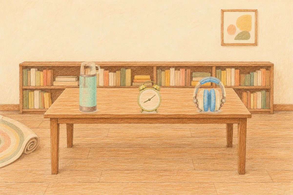 상일동 여성전용 아로마 마사지 안내 그림, 낮의 서재 긴 책상 위에 놓인 보온병, 둥근 알람시계, 헤드폰