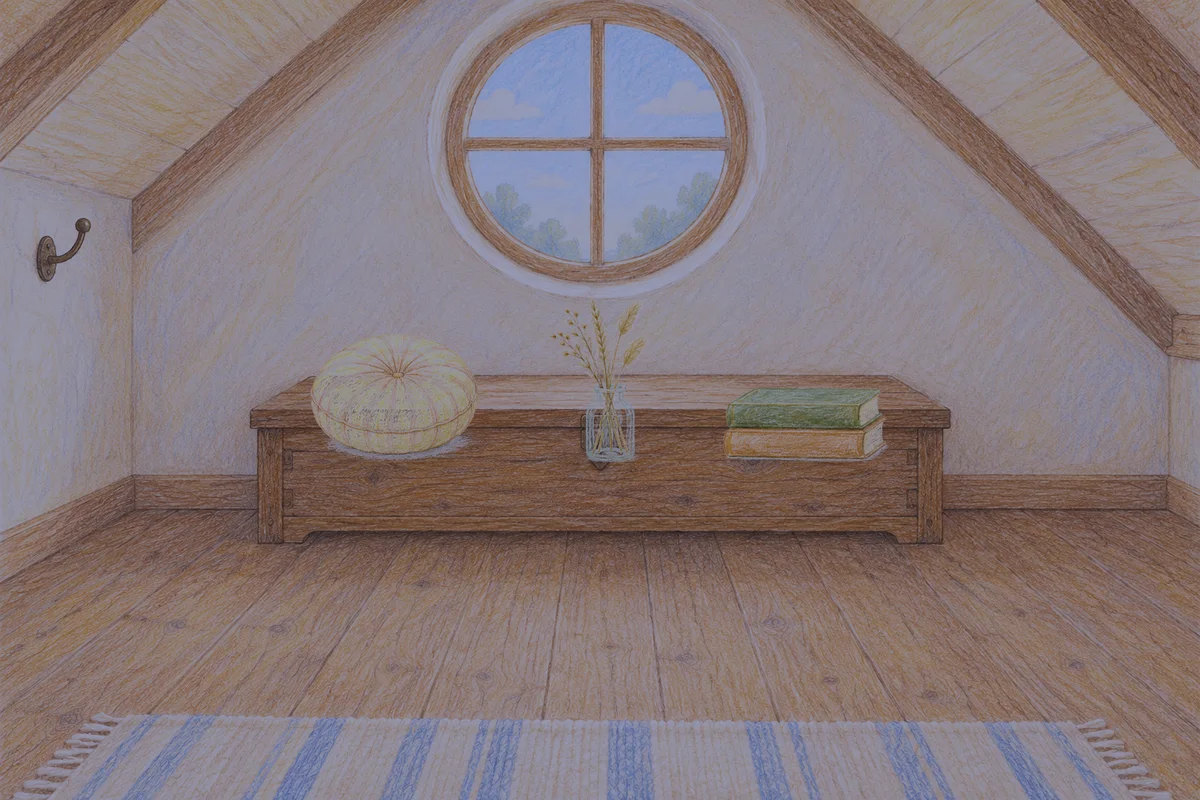 상일동 여성전용 아로마 추천 안내 그림, 밤의 다락방 나무 궤짝 위에 놓인 둥근 쿠션, 마른 풀을 꽂은 항아리, 책 두 권