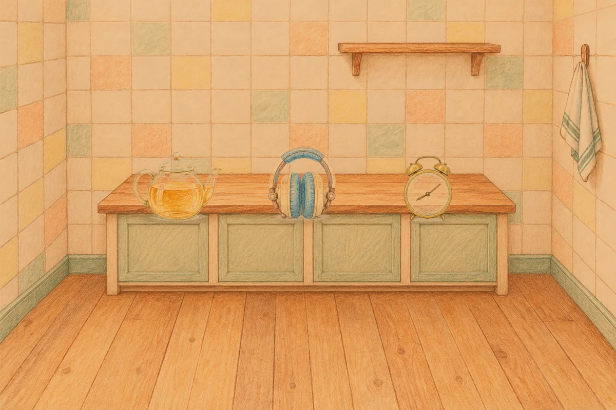 상일동 여성전용 경락 마사지 안내 그림, 저녁의 부엌 나무 조리대 위에 놓인 유리 티포트, 헤드폰, 둥근 알람시계