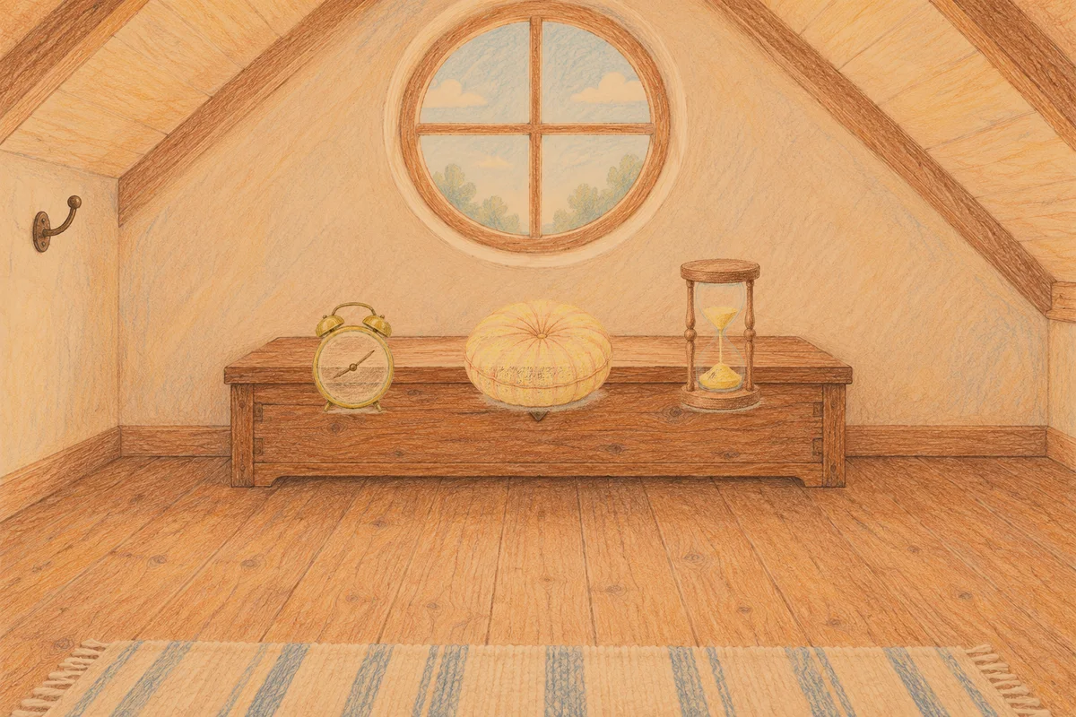 상일동 여성전용 경락 케어 안내 그림, 저녁의 다락방 나무 궤짝 위에 놓인 둥근 알람시계, 둥근 쿠션, 모래시계