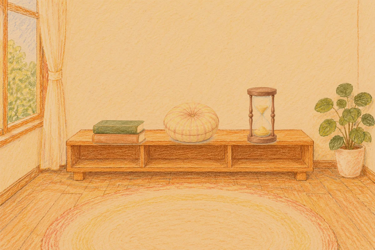 상일동 여성전용 경락마사지 후기 안내 그림, 저녁의 창가 낮은 선반 위에 놓인 책 두 권, 둥근 쿠션, 모래시계